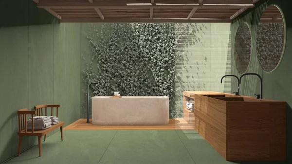 Minimalistická Koupelna Zelených Tónech Japonský Zen Styl Venkovní Eko Zahrada — Stock fotografie