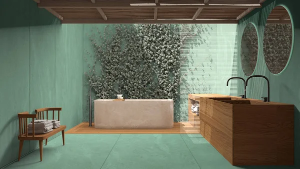ターコイズトーンのミニマリストバスルーム 日本の禅スタイル 石灰岩の壁や木製の床 竹の天井と屋外エコガーデン 浴槽と洗面台 インテリアデザインのアイデア — ストック写真