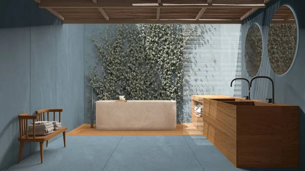 Minimalistická Koupelna Modrých Tónech Japonský Zen Styl Venkovní Eko Zahrada — Stock fotografie