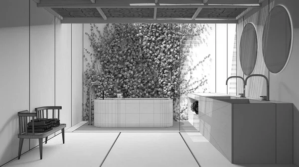 Proyecto Sin Terminar Baño Minimalista Estilo Zen Japonés Jardín Ecológico —  Fotos de Stock