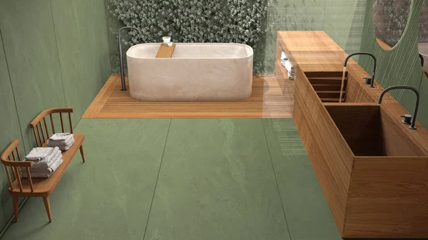 Baño Minimalista Tonos Verdes Estilo Zen Japonés Jardín Ecológico Exterior —  Fotos de Stock