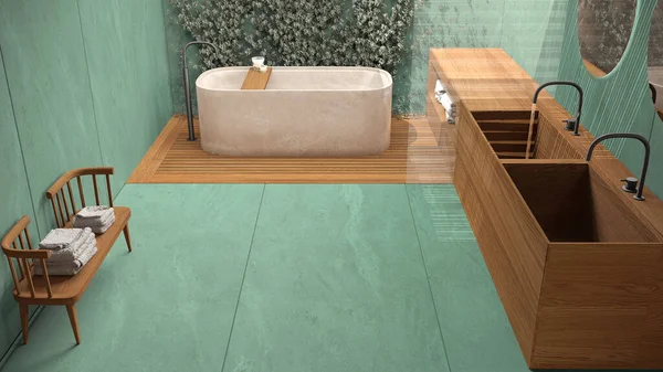 청록색 일본식 저당물 스타일 정원에 아이비 콘크리트 욕조와 세면대 디자인 — 스톡 사진