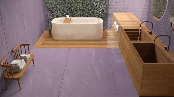 Cuarto Baño Minimalista Tonos Púrpura Estilo Zen Japonés Jardín Ecológico —  Fotos de Stock