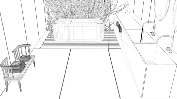 Projet Blueprint Brouillon Salle Bain Minimaliste Style Zen Japonais Jardin — Photo