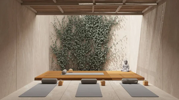Estudio Yoga Diseño Interior Tonos Beige Estilo Zen Japonés Jardín —  Fotos de Stock