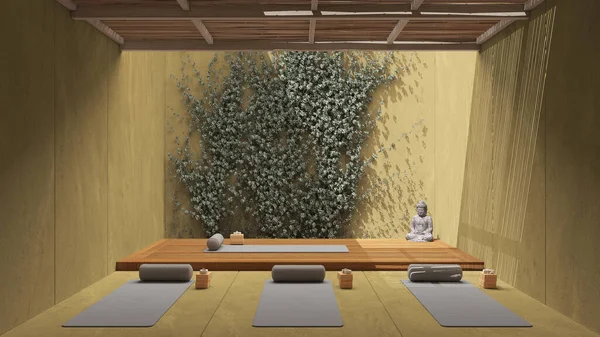 Yoga Studio Interior Design Yellow Tones Japanese Zen Style Exterior — Stock Photo, Image
