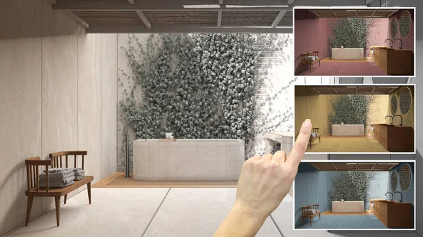 Conceito Designer Arquiteto Mão Mostrando Banheiro Zen Japonês Com Banheira — Fotografia de Stock