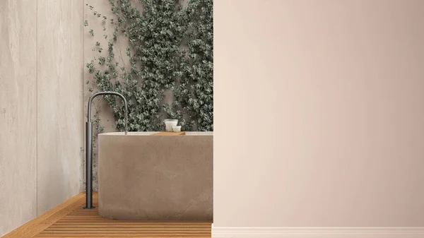 Bagno Zen Minimalista Con Vasca Autoportante Giardino Con Edera Pavimento — Foto Stock