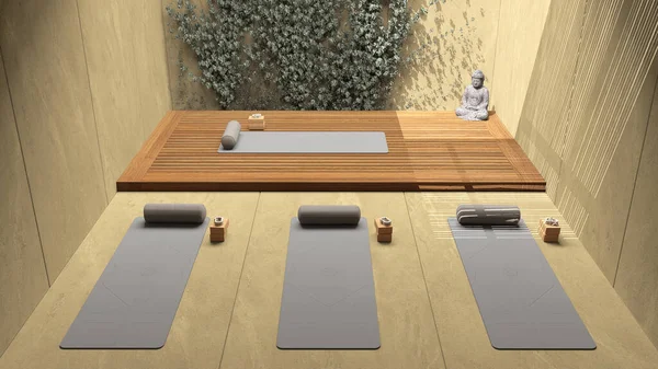 Estúdio Ioga Design Interiores Tons Amarelos Estilo Zen Japonês Jardim — Fotografia de Stock