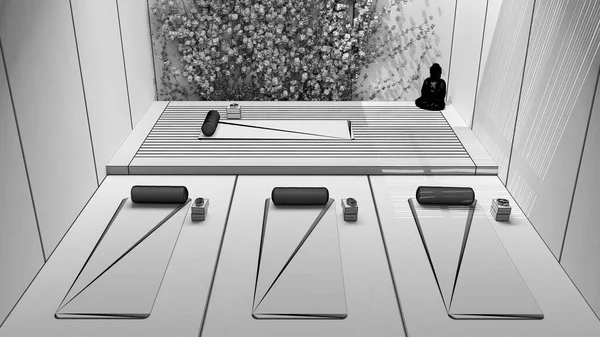 Unfinished Project Draft Yoga Studio Interior Design Japanese Zen Style — Stock Photo, Image