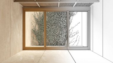 Mimari iç mimar konsepti: gerçek, boş bir oda, sarmaşık, pencere, minimalist mimari, zen, Japon tarzı dış bahçesi haline gelen el çizimi tamamlanmamış proje