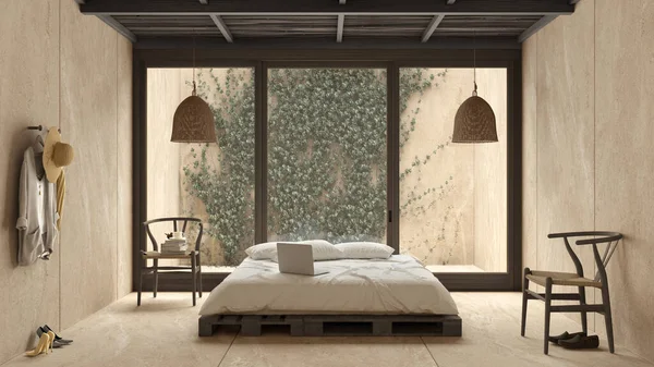 Modern Wooden Bedroom Dark Tones Pallet Bed Exterior Eco Garden — Stock Photo, Image