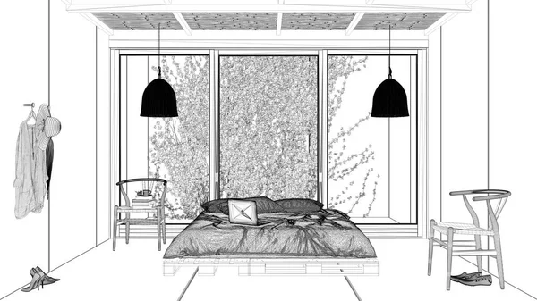 Návrh Projektu Moderní Dřevěná Ložnice Paletová Postel Venkovní Zahrada Břečťanem — Stock fotografie