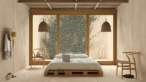 Waas Achtergrond Moderne Houten Slaapkamer Pallet Bed Buiten Tuin Klimop — Stockfoto