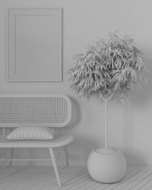 Tamamen beyaz proje taslağı, çerçeve modeli, modern oturma odası, dinlenme odası, kanepede ve yastıklı bekleme odası. Parke zemin, saksı bitkisi. İç tasarım