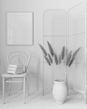 Tamamen beyaz proje taslağı, modern ahşap oturma odası, dinlenme odası, sandalyesi ve standı olan bekleme odası. Parke zemin, saman kulaklı ve süslemeli vazo. Çerçeve modeli, iç tasarım