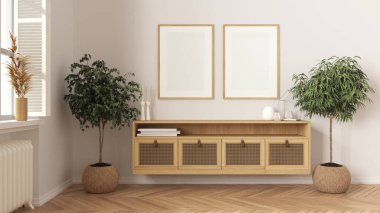 Çerçeve maketi, beyaz tonlu modern ahşap oturma odası, saksı bitkisi olan mobilyalar. Herringbone parke zemin, panjurlu ve dekorlu pencere. İskandinav iç tasarımı
