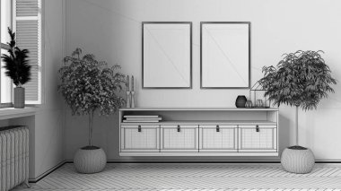 Tamamlanmamış proje taslağı, çerçeve modeli, modern oturma odası, salon mobilyası, saksı bitkileri. Herringbone parke zemin, panjurlu ve dekorlu pencere. İskandinav iç tasarımı