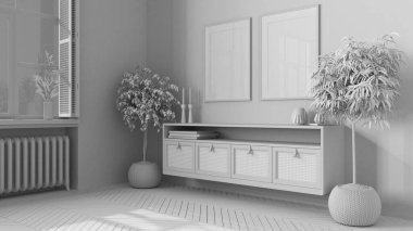 Tamamen beyaz proje taslağı, çerçeve modeli, çağdaş ahşap oturma odası, saksı bitkileriyle mobilya. Parke zemin, panjurlu pencere. İskandinav modern iç tasarımı