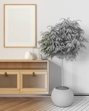 Mimari iç mimar konsepti: elle çizilmiş tamamlanmamış proje, çerçeve modeli, ahşap oturma odası, rattan klozet, saksı bitkisi. Herringbone parke