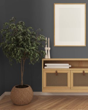 Ahşap çerçeve modeli, rahat ahşap oturma odasını gri tonlarda, oturma odası mobilyaları, otlu rattan klozet. Herringbone parke. İskandinav modern iç tasarımı