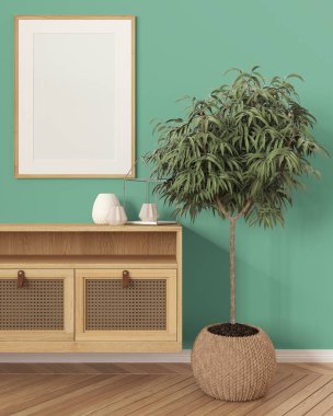 Ahşap çerçeve maketi, modern ahşap oturma odasının turkuaz tonlarda kapatılması, salon mobilyası, rattan tuvaleti, saksı bitkisi. Herringbone parke. İskandinav modern iç tasarımı