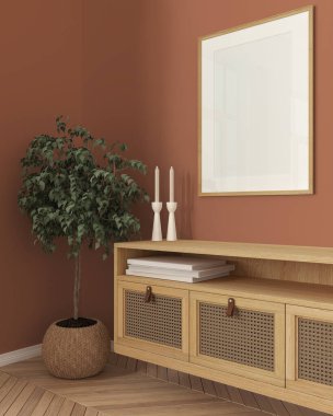 Ahşap çerçeve modeli, turuncu tonlarda, rahat ahşap oturma odasının kapağı, mobilyalar, küçük saksılı çadır klozet, parke. İskandinav minimalist iç tasarımı