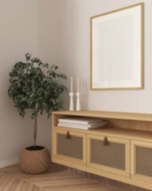 Bulanık arka plan, çerçeve modeli, konforlu ahşap oturma odası, mobilya, küçük saksılı çadır klozet, parke. İskandinav minimalist iç tasarım fikri