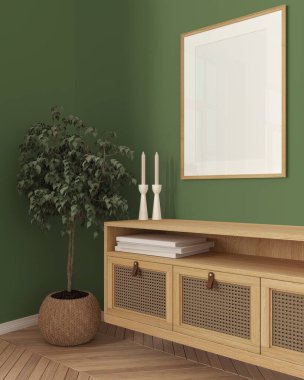 Ahşap çerçeve modeli, yeşil tonlarda rahat ahşap oturma odasının kapağı mobilya, küçük saksılı çadır klozet, parke. İskandinav minimalist iç tasarımı