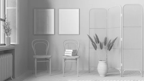 総白のプロジェクトの草案は モダンな木製のリビングルーム ラウンジ 籐製の椅子とブースと待合室 ヘリンボーン寄木細工の床 シャッター付きの窓 北欧インテリアデザイン — ストック写真