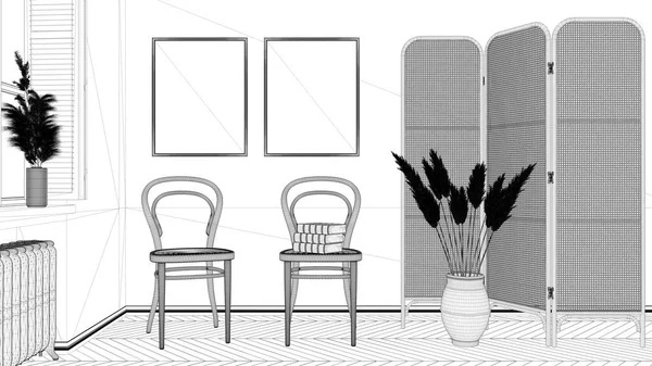 청사진 프로젝트 현대의 라운지 의자와 부스가 대기실 허링본 격납고 창문에 — 스톡 사진