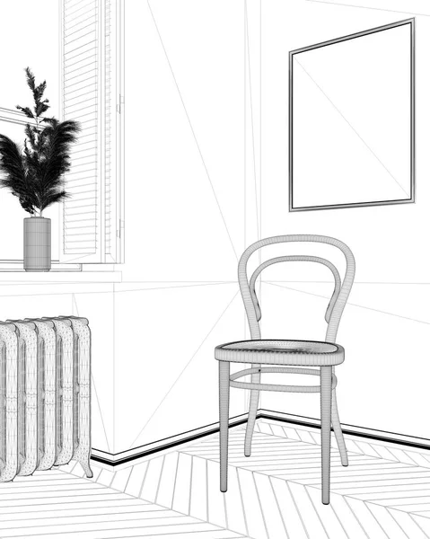 Proje Taslağı Minimalist Ahşap Oturma Odası Dinlenme Odası Bekleme Odası — Stok fotoğraf