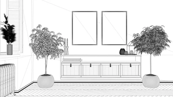 Blueprint Projektentwurf Rahmen Attrappe Modernes Wohnzimmer Lounge Möbel Topfpflanzen Fischgrätparkett — Stockfoto
