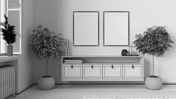 Onafgewerkte Ontwerp Van Het Project Frame Mockup Moderne Woonkamer Lounge — Stockfoto