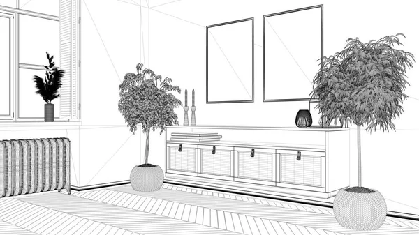 Progetto Progetto Blueprint Telaio Mockup Soggiorno Legno Contemporaneo Mobili Lounge — Foto Stock