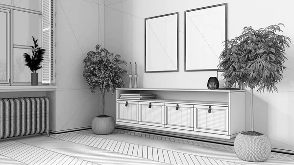 未完成的项目草稿 框架模型 当代木制客厅 带盆栽的休闲家具 带百叶窗的宴会厅斯堪的纳维亚现代室内设计 — 图库照片