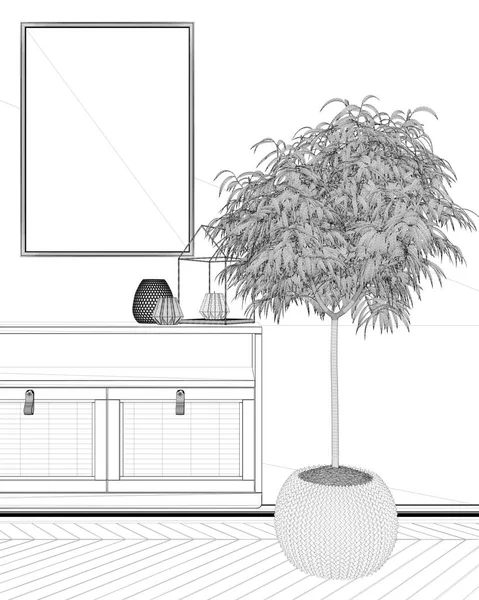 Návrh Projektu Rámová Maketa Zblízka Moderní Dřevěný Obývací Pokoj Salonek — Stock fotografie