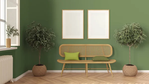 Mockup Telaio Moderno Soggiorno Legno Nei Toni Del Verde Salotto — Foto Stock