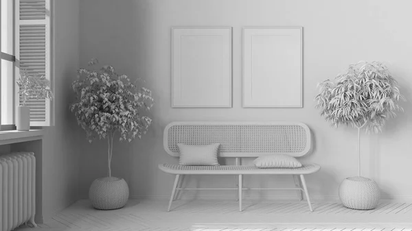 Total Proyek Draf Putih Frame Mockup Ruang Tamu Kayu Modern — Stok Foto