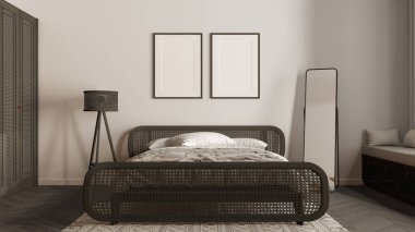 Çerçeve maketi, modern ahşap yatak odası, koyu tonlu rattan mobilyalar, yorgan ve yastıklı çift yatak, halı, ayna, lamba ve dekorlar. Herringbone parke, iç tasarım fikri