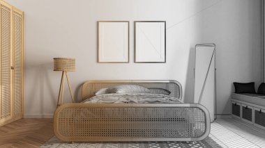 Mimari iç mimar konsepti: elle çizilmiş tamamlanmamış taslak proje, çerçeve modeli, ahşap mobilyalı ahşap yatak, yorgan ve yastıklı çift yatak