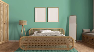 Çerçeve modeli, modern ahşap yatak odası turkuaz tonlu rattan mobilyalar, yorgan ve yastıklı çift kişilik yatak, halı, ayna, lamba ve dekorlar. Herringbone parke, iç tasarım.