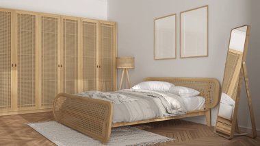 Çerçeve modelleme şablonu, İskandinav modern ahşap yatak odası beyaz tonlu rattan mobilyalar, yorgan ve yastıklı çift kişilik yatak, gardırop, halı, ayna, lamba ve dekorlar. Parke