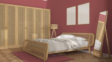 Çerçeve modelleme şablonu, İskandinav modern ahşap yatak odası kırmızı tonlu rattan mobilyalar, yorgan ve yastıklı çift kişilik yatak, gardırop, halı, ayna, lamba ve dekorlar. Parke