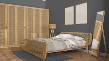 Çerçeve modelleme şablonu, İskandinav modern ahşap yatak odası, gri tonlu rattan mobilyalar, yorgan ve yastıklı çift kişilik yatak, gardırop, halı, ayna, lamba ve dekorlar. Parke