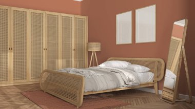 Çerçeve modelleme şablonu, İskandinav modern ahşap yatak odası turuncu renkli rattan mobilyalar, yorgan ve yastıklı çift kişilik yatak, gardırop, halı, ayna, lamba ve dekorlar. Parke