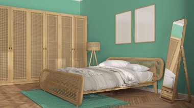 Çerçeve modelleme şablonu, İskandinav modern ahşap yatak odası turkuvaz rengi mobilyalar, yorgan ve yastıklı yatak, gardırop, halı, ayna, lamba ve dekorlar. Parke