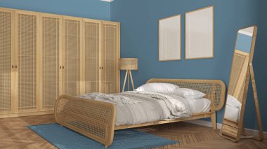 Çerçeve modelleme şablonu, İskandinav modern ahşap yatak odası mavi tonlu rattan mobilyalar, yorgan ve yastıklı çift kişilik yatak, gardırop, halı, ayna, lamba ve dekorlar. Parke