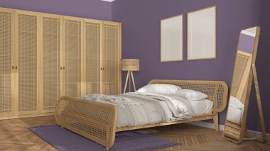 Çerçeve modelleme şablonu, İskandinav modern ahşap yatak odası mor tonlu rattan mobilyalar, yorgan ve yastıklı çift kişilik yatak, gardırop, halı, ayna, lamba ve dekorlar. Parke