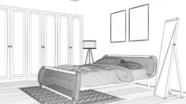 Proje taslağı, çerçeve modelleme şablonu, İskandinav modern ahşap yatak odası rattan mobilyalı, yorgan ve yastıklı çift kişilik yatak, gardırop, halı, ayna, lamba. Parke